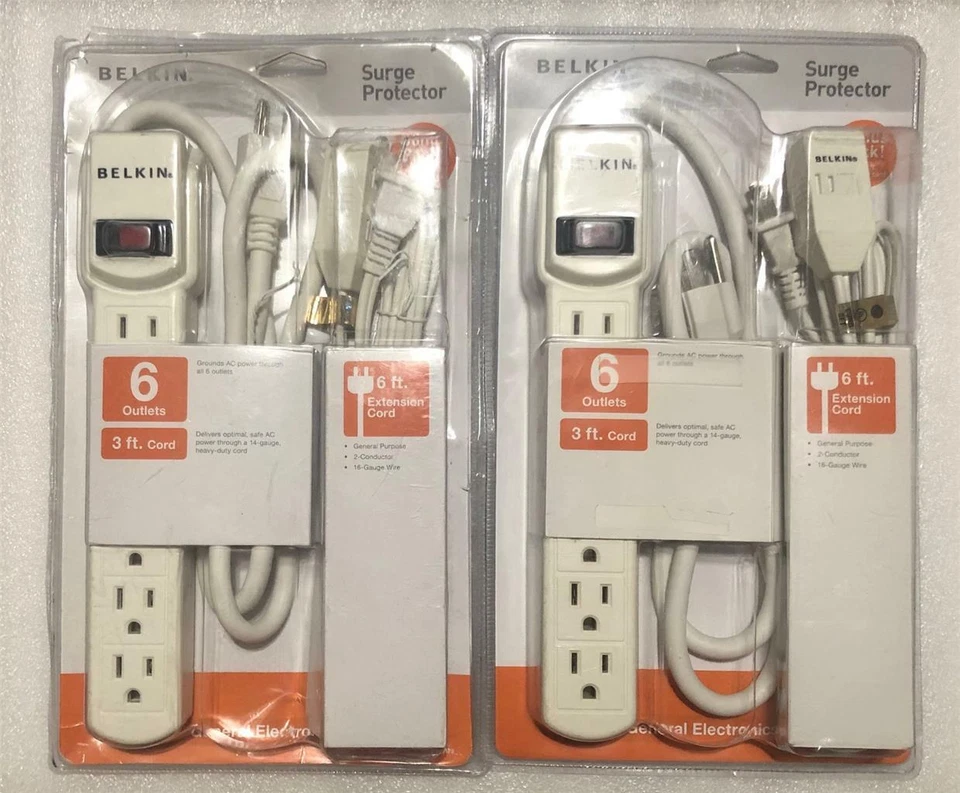 2 Packs Belkin Surge Protector 6 Outlet 3 ft Cord w/ Bonus 6 ft Extension Cord - Image 1 of 2