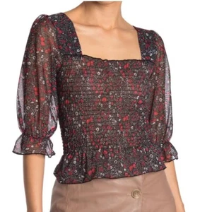 NWT Topshop Floral Smocked Top Womens 2 Strappy Back Roses Ruffle Trim Square Ne - Picture 1 of 8