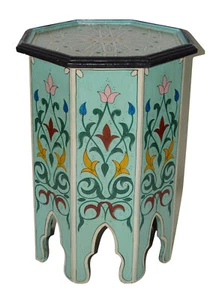 Moroccan Handmade Wood Table Side Delicate Hand Painted Exquisite Light Aqua - Picture 1 of 3