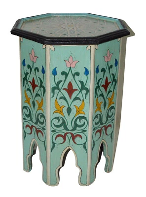 Moroccan Handmade Wood Table Side Delicate Hand Painted Exquisite Light Aqua  - Image 1 of 3