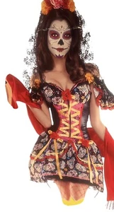 Tag der Toten Kostüm Erwachsene XL 14-16 5-teilig Dia Los Muertos KLEID Gesichtsdruck Schleier - Bild 1 von 2