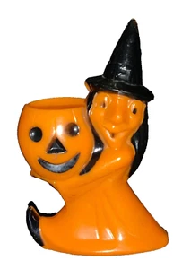 VINTAGE HALLOWEEN ROSBRO HARTPLASTIKSPIELZEUG - HEXE MIT JACKE O'LANTERN BEHÄLTER - Bild 1 von 10