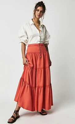 Free People We The Free Dreamweaver Макси Оранжевая Джинсовая Многоуровневая Опрятная Юбка Размер L - Изображение 1 из 4