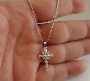 925 STERLING SILVER BAGUETTE CROSS  PENDANT NECKLACE W/1.25 CT ACCENTS/18''CHAIN