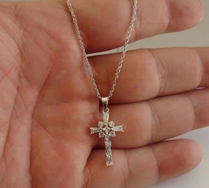 925 STERLING SILVER BAGUETTE CROSS  PENDANT NECKLACE W/1.25 CT ACCENTS/18''CHAIN - Picture 1 of 6