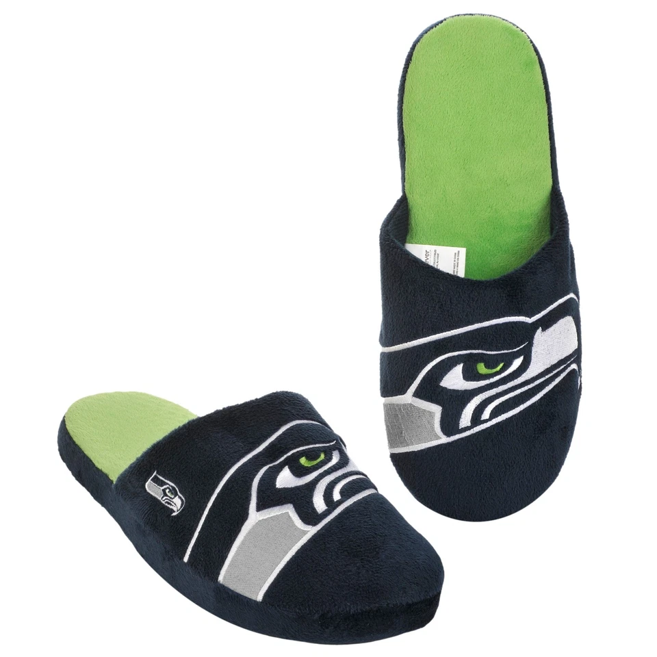 FOREVER COLLECTIBLES Seattle Seahawks Hausschuhe Team Farben Großes Logo Neu Zweifarbig Blg