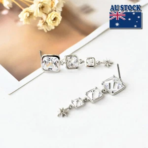 Gorgeous 18K White GOLD Filled Square Crystal Fashion Dangle Stud Earrings - Picture 1 of 3