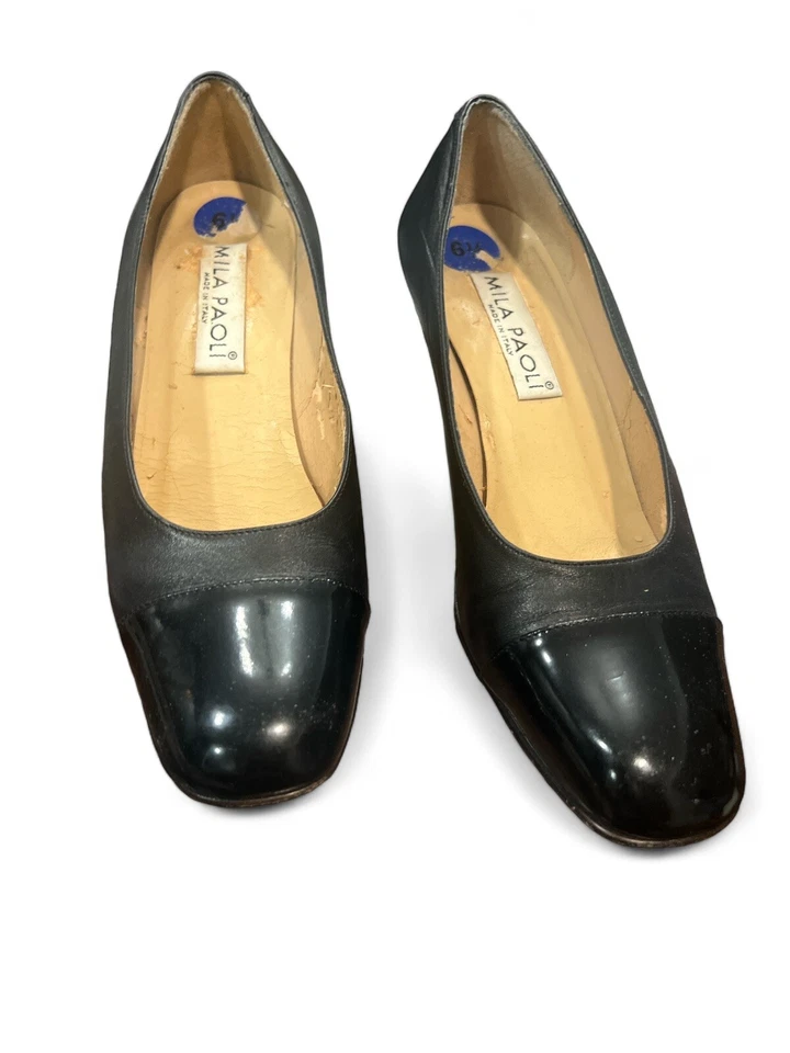 Zapatos de salón Mila Paoli negros de tela negra suela de cuero superior carrera tacón pequeño EE. UU. 6,5 Foto 1 de 4