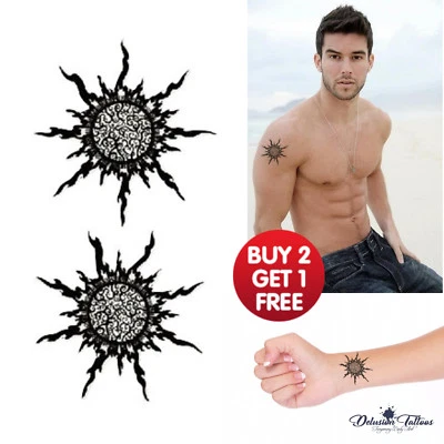 DELUSION TATTOOS TRIBAL SUN TEMPORARY TATTOOS, BLACK, SMALL, WATERPROOF, HENNA, MENS, WOMENS