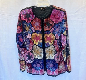 Vintage Anjunum California 100% Seide Pailletten Perlen Floral Blumen Jacke - Bild 1 von 7