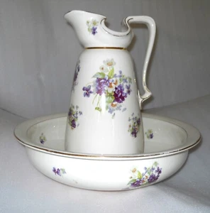 Alfred B Pearce & Co. London Lg Porcelain Wash Basin & Pitcher Ivory & Violets - Picture 1 of 11