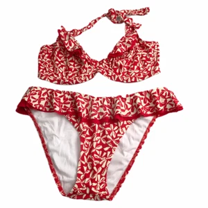 Freya Two Piece Bikini Swimsuit Red White Bows Women's 34F Top Large Bottoms - Picture 1 of 8