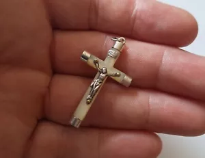 Antique Solid Silver, Mother-of-Pearl, Religious, Cross, Jesus Christ Pendant - Picture 1 of 4