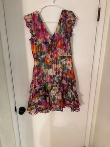 Women "Saloni" multicolored short sleeve V- Neck short ruffled dress. Size 8 - Picture 1 of 2