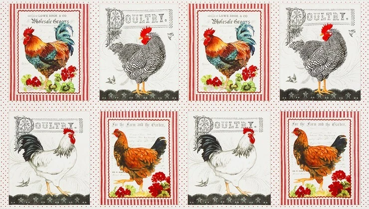 24" X 44" Panel Down on the Farm Chickens Roosters Cotton Panel D367.36 - Image 1 of 1