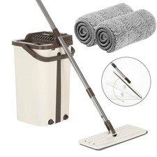360° Flat Squeeze Microfiber Mop and Bucket Set Home Floor Tiles Cleaning 2 Pads