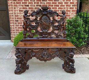Antique French Bench Chair Settee Renaissance Revival Griffon Cherubs Walnut 19C - Picture 1 of 12