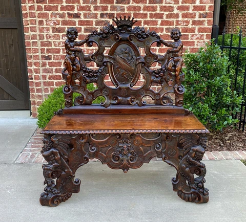 Antique French Bench Chair Settee Renaissance Revival Griffon Cherubs Walnut 19C Cover