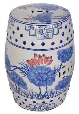 Chinesischer Hocker Keramik Sitzhocker Handbemalt Lotus Blüten Porzellan Hocker - Bild 1 von 4