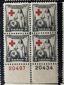 Scott 702, 2c Red Cross, Plate block/4, Bottom #s20497(R)/20434(B) MNH Free Ship - Picture 1 of 1