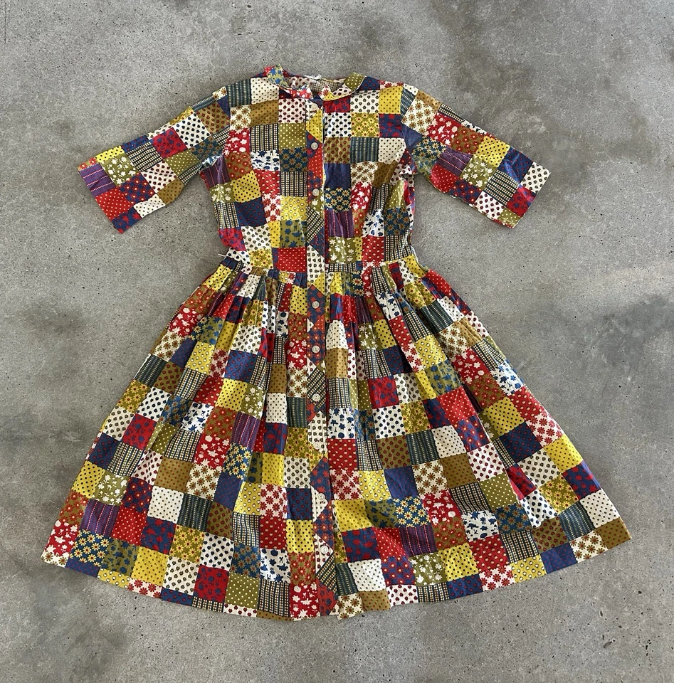 Vintage Fit Flare Dress Small Patchwork Print Fabric Prairie 1960’s? - Image 1 of 4