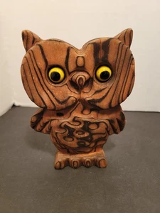 Delightful Carved Wood Marble Eyed Owl - Picture 1 of 3