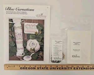 The Victoria Sampler BLUE CARNATIONS 28ct Linen Counted Cross Stitch Kit SILKS - Picture 1 of 7