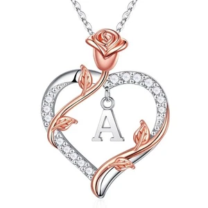 Sterling Silver Necklace for Women, Dainty Rose Love Heart Initial A Letter P... - Picture 1 of 9