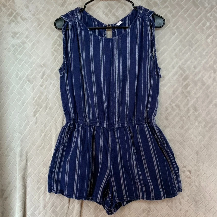 Mameluco mediano Old Navy para mujer azul a rayas mezcla de lino sin mangas Foto 1 de 4