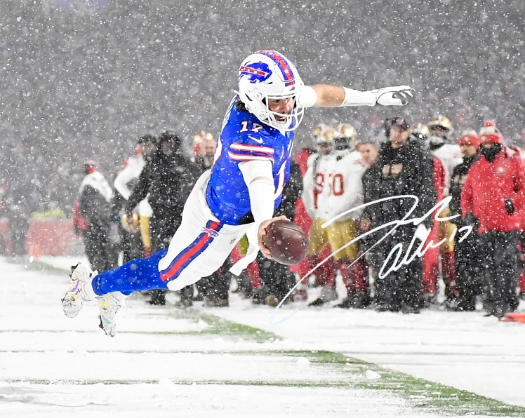 Foto de reimpressão autografada 8x10 Buffalo Bills assinada por Josh Allen Snow Leap Touchdown 1 - Imagem 1 de 1