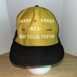 Vintage Trucker Hat Crude Candy Is Dandy Funny Snapback Cap USA Made Puff Print - Picture 1 of 7
