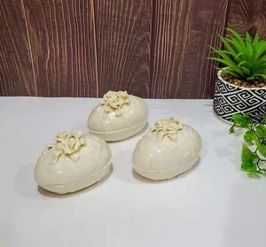 Porcelain Egg Shaped Floral Trinket Box. Off white Egg Trinket Dish - 4" Long - Picture 1 of 10