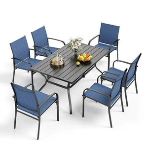 7 Piece Outdoor Dining Set Table & Fixed Chairs w/Umbrella Hole Patio Furniture - Picture 1 of 10