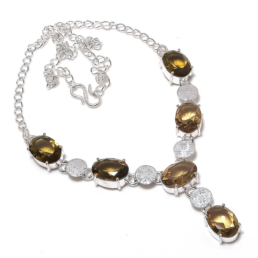 Smoky Quartz Gemstone Handmade 925 Sterling Silver Jwelery Necklace Size 18'' - Image 1 of 1