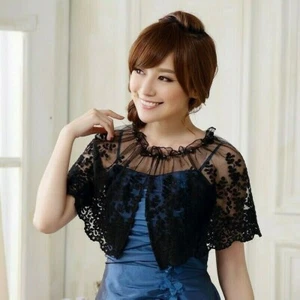 Women Lace Mesh Cardigan Bolero Shrug Wrap Cape Beaded Blouse Bridal Wedding - Picture 1 of 14