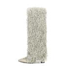 Mid Calf Fringe Boots Block Heel Pointy Toe Casual Womens Western Shoes Fashion