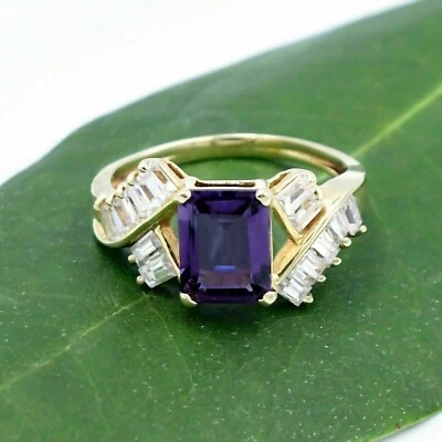 Emerald Cut Simulated Purple Amethyst Engagement Ring In 14k Yellow Gold Plated - Image 1 of 4