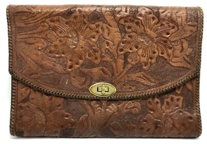 Borsa vintage Hippy Boho marrone lavorata a mano in pelle floreale; Messico (RF959) - Foto 1 di 11