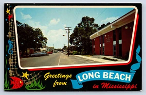 Vintage Postcard Long Beach MS Library Street Scene Deep South U7 - Imagen 1 de 2