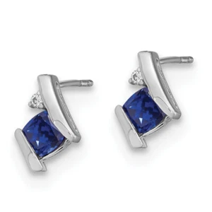 10K White Gold Cushion-cut Created Blue Sapphire Diamond Stud Earrings ... - Picture 1 of 7