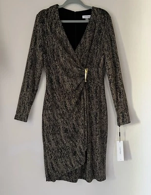 NWT Calvin Klein Black Gold Faux Wrap Midi Cocktail Party Dress Size 12 - Изображение 1 из 4