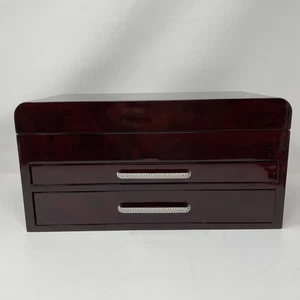 Wood Jewelry Box 2 Drawer Gloss Mahogany Quilted Lined Organizer Chest - Picture 1 of 10