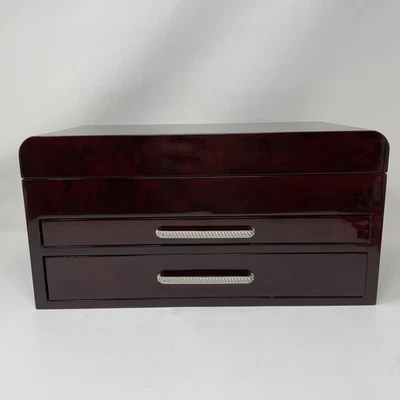 Wood Jewelry Box 2 Drawer Gloss Mahogany Quilted Lined Organizer Chest - Image 1 of 4