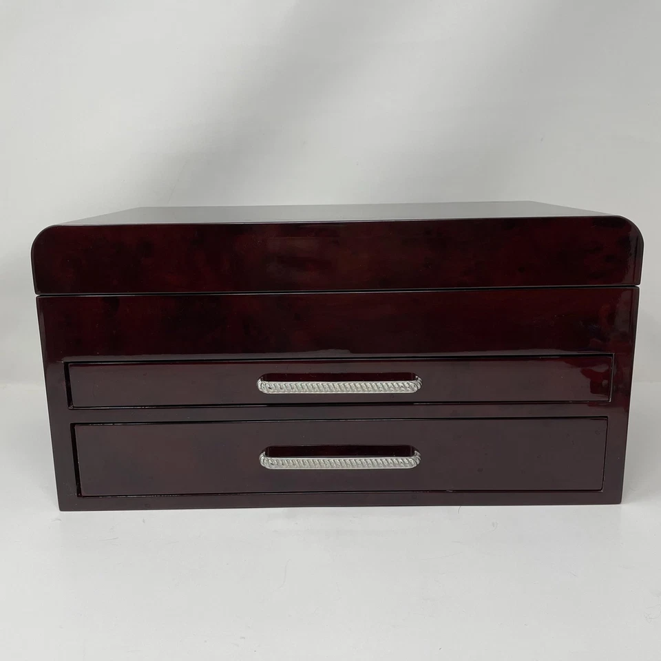Wood Jewelry Box 2 Drawer Gloss Mahogany Quilted Lined Organizer Chest - Image 1 of 4