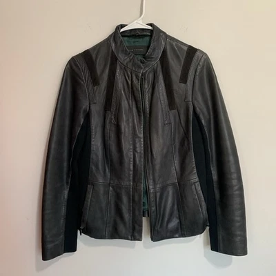 Chaqueta de cuero genuino negra carbón Elie Tahari para mujer XS vanguardista minimalista Foto 1 de 4