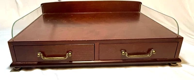 Elegant Cherry Wood Bedside Table With 2 Pull-Out Trays & Glass Accents - Image 1 of 4