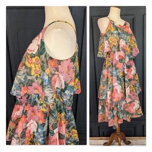 Fließendes Vintage Blumen Kleid mit Rüschen Vicky Vaughn Spaghettiträger Gr. Small - Bild 1 von 10
