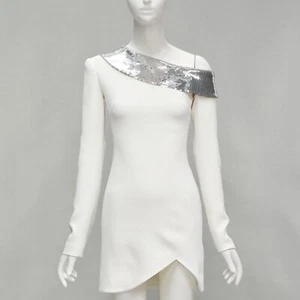DAVID KOMA 2019 Runway silver sequins off shoulder scalloped hem dress UK6 XS - Picture 1 of 10