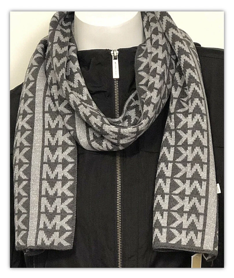 Michael Kors Womens Knit Scarf MK Signature Logo Grey Silver Glitter