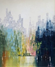 Super Vintage Abstract Cityscape Painting Mid Century Modern Art Wall Hanging